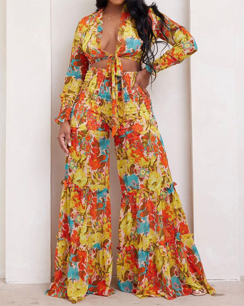 Lace-up cropped trousers two-piece set