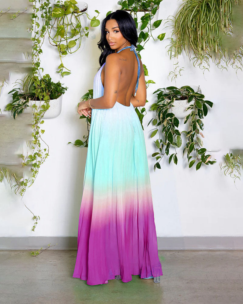 Gradient Pressed Backless Sleeveless Dress
