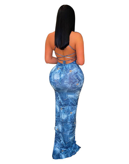 3D denim print strapless backless hot girl slim dress